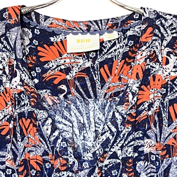 Maeve By Anthropologie Cathy Pleated Blouse with Blue and Orange Jungle Print XS - Picture 14 of 16